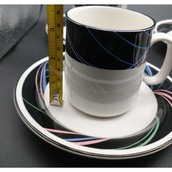 Vintage 80s Joan Luntz Sango Escapade Cup and Saucer set of 4 black pink blue - Picture 6 of 7